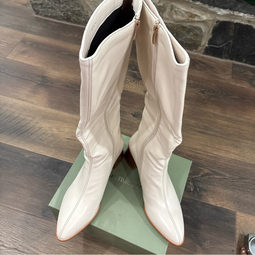 Women's Cream Knee-High Leather Boots - Classic Block Heel - Picture 6 of 11